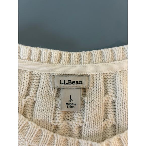 L.L. Bean White Cotton Cable Knit Crew Neck Sweater size L - Picture 4 of 7
